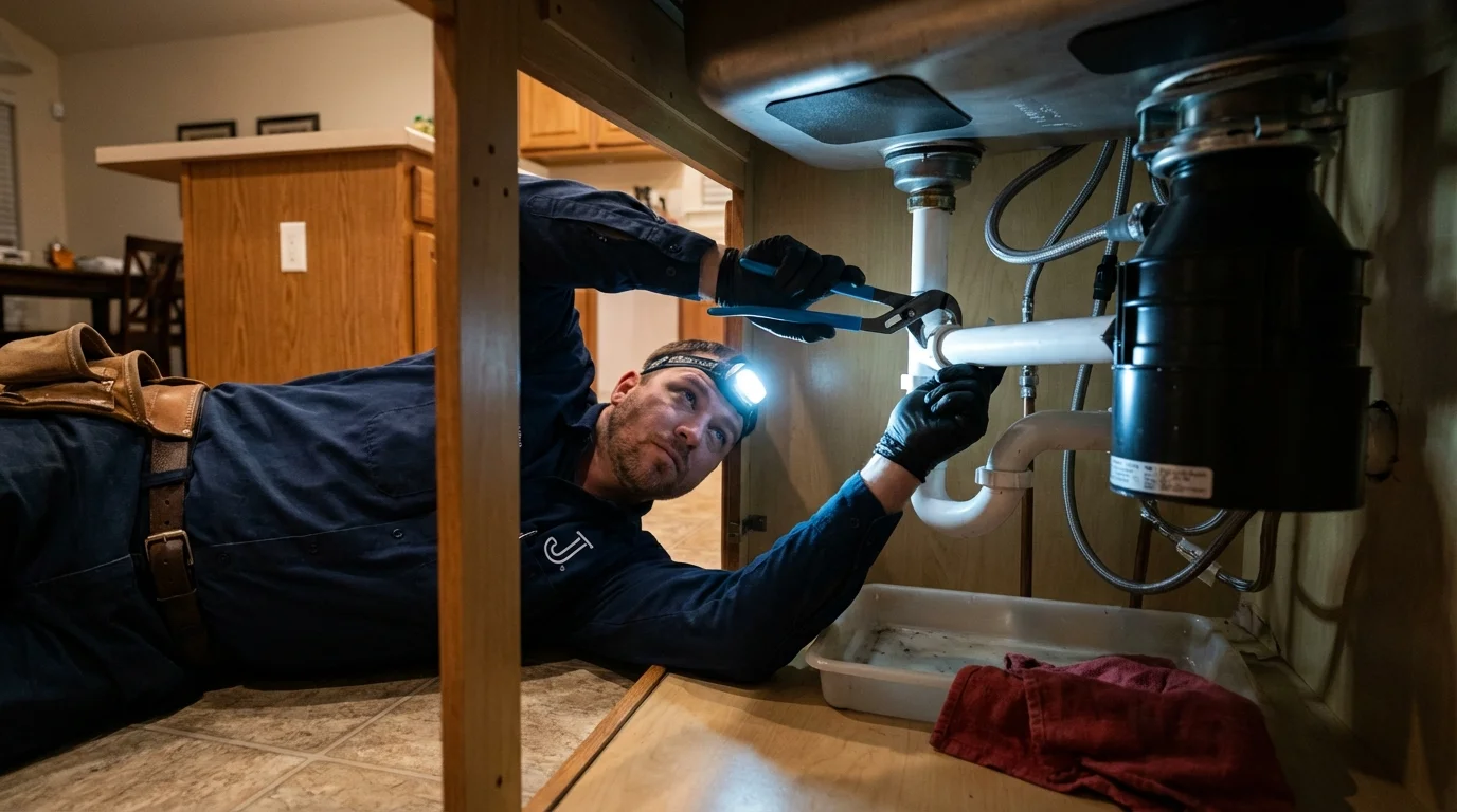 P-trap and supply line connections under a kitchen sink showing a common leak point in Deadwood, SD